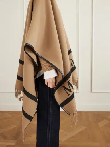 Max Mara Fringed Leather-trimmed Wool-jacquard Cape | Thumbnail 4 Max Mara Fringed Leather-trimmed Wool-jacquard Cape | Thumbnail 4