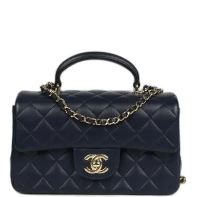 Chanel Chanel Mini Classic Rectangular Top Handle Flap Navy Lambskin Light Gold Hardware | Thumbnail 1 Chanel Chanel Mini Classic Rectangular Top Handle Flap Navy Lambskin Light Gold Hardware | Thumbnail 1