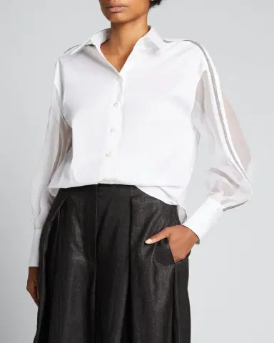 Brunello Cucinelli Mixed-Media Monili Balloon-Sleeve Top | Thumbnail 3 Brunello Cucinelli Mixed-Media Monili Balloon-Sleeve Top | Thumbnail 3