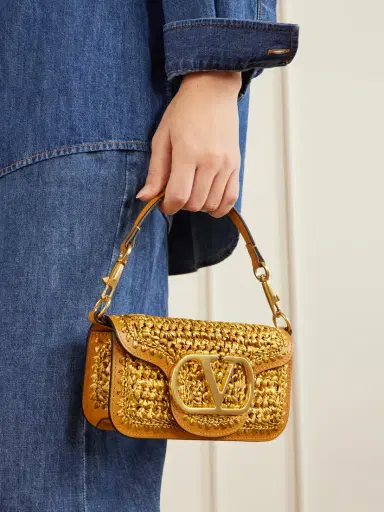 Valentino Garavani Vlogo Embellished Leather-trimmed Metallic Raffia Shoulder Bag | Thumbnail 2 Valentino Garavani Vlogo Embellished Leather-trimmed Metallic Raffia Shoulder Bag | Thumbnail 2