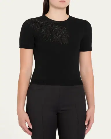 Oscar de la Renta Embroidered Feather Short-Sleeve Sweater | Thumbnail 4 Oscar de la Renta Embroidered Feather Short-Sleeve Sweater | Thumbnail 4