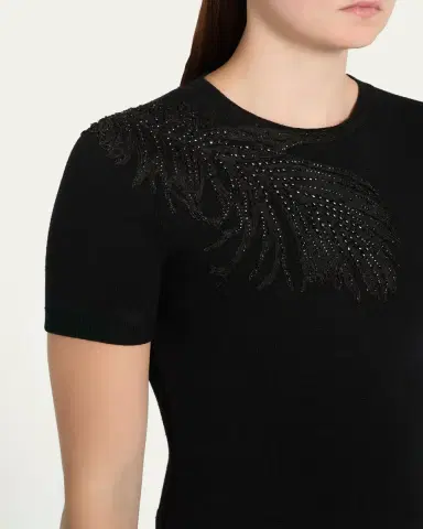 Oscar de la Renta Embroidered Feather Short-Sleeve Sweater | Thumbnail 5 Oscar de la Renta Embroidered Feather Short-Sleeve Sweater | Thumbnail 5