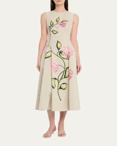 Oscar de la Renta Sleeveless Porcelain Flowers-Print Midi Day Dress | Thumbnail 2 Oscar de la Renta Sleeveless Porcelain Flowers-Print Midi Day Dress | Thumbnail 2