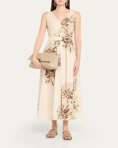 Brunello Cucinelli Abstract Dahlia Sleeveless Belted Midi Dress | Thumbnail 2 Brunello Cucinelli Abstract Dahlia Sleeveless Belted Midi Dress | Thumbnail 2