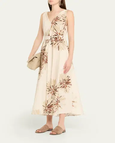 Brunello Cucinelli Abstract Dahlia Sleeveless Belted Midi Dress | Thumbnail 4 Brunello Cucinelli Abstract Dahlia Sleeveless Belted Midi Dress | Thumbnail 4