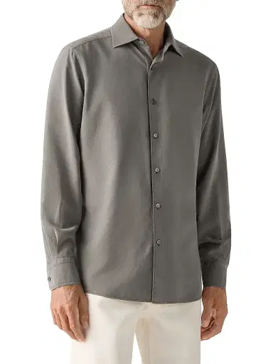 ZEGNA Men's Silk Button-Front Shirt - Dark Taupe | Thumbnail 2 ZEGNA Men's Silk Button-Front Shirt - Dark Taupe | Thumbnail 2