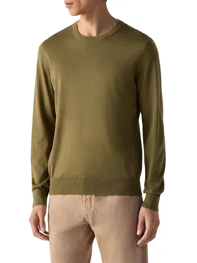ZEGNA Men's Cashseta Crewneck Sweater - Olive Green Melange | Thumbnail 2 ZEGNA Men's Cashseta Crewneck Sweater - Olive Green Melange | Thumbnail 2