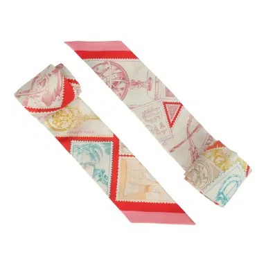 HERMÈS Hermes "Le Philateliste Du Faubourg" Rose and Rouge Multi Silk Twilly Pair | Thumbnail 2 HERMÈS Hermes "Le Philateliste Du Faubourg" Rose and Rouge Multi Silk Twilly Pair | Thumbnail 2