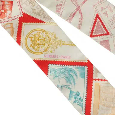 HERMÈS Hermes "Le Philateliste Du Faubourg" Rose and Rouge Multi Silk Twilly Pair | Thumbnail 5 HERMÈS Hermes "Le Philateliste Du Faubourg" Rose and Rouge Multi Silk Twilly Pair | Thumbnail 5