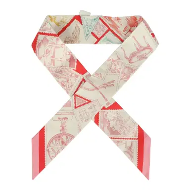 HERMÈS Hermes "Le Philateliste Du Faubourg" Rose and Rouge Multi Silk Twilly Pair | Thumbnail 1 HERMÈS Hermes "Le Philateliste Du Faubourg" Rose and Rouge Multi Silk Twilly Pair | Thumbnail 1