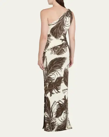 Oscar de la Renta Feather-Print One-Shoulder Sleeveless Gown | Thumbnail 3 Oscar de la Renta Feather-Print One-Shoulder Sleeveless Gown | Thumbnail 3
