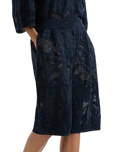 Brunello Cucinelli Women's Dazzling Water Lillies Bermuda Shorts in Linen and Cotton - Blue | Thumbnail 2 Brunello Cucinelli Women's Dazzling Water Lillies Bermuda Shorts in Linen and Cotton - Blue | Thumbnail 2