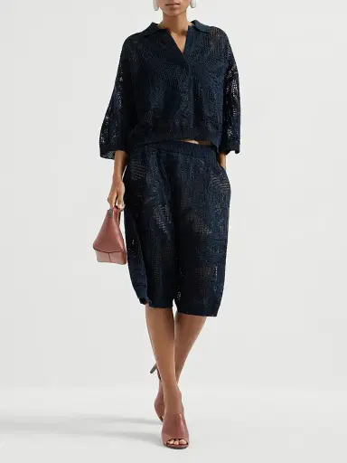 Brunello Cucinelli Women's Dazzling Water Lillies Bermuda Shorts in Linen and Cotton - Blue | Thumbnail 6 Brunello Cucinelli Women's Dazzling Water Lillies Bermuda Shorts in Linen and Cotton - Blue | Thumbnail 6