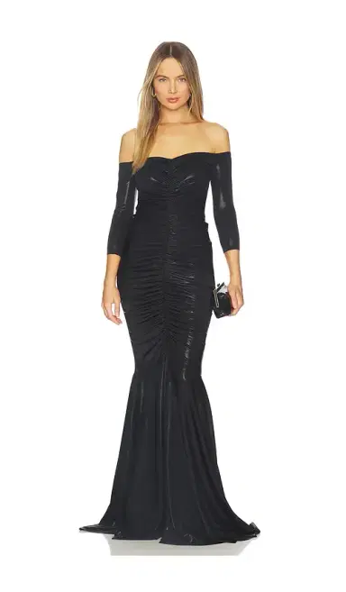 Norma Kamali Off Shoulder Shirred Front Fishtail Gown | Thumbnail 1 Norma Kamali Off Shoulder Shirred Front Fishtail Gown | Thumbnail 1