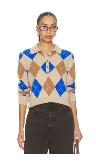 White + Warren Cashmere Argyle Long Sleeve Polo | Thumbnail 1 White + Warren Cashmere Argyle Long Sleeve Polo | Thumbnail 1