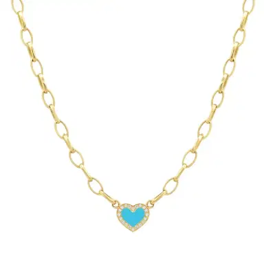 Jennifer Meyer Small Edith Link Necklace with Turquoise Inlay Heart with Diamonds | Thumbnail 1 Jennifer Meyer Small Edith Link Necklace with Turquoise Inlay Heart with Diamonds | Thumbnail 1