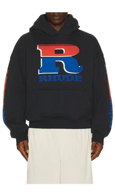 Rhude Split Petrol Logo Hoodie | Thumbnail 1 Rhude Split Petrol Logo Hoodie | Thumbnail 1