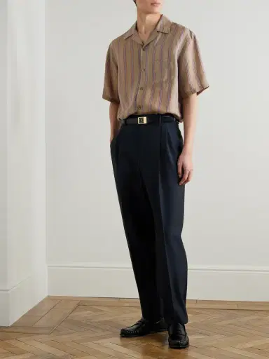 Saint Laurent Camp-Collar Logo-Embroidered Striped Twill Shirt - Men | Thumbnail 2 Saint Laurent Camp-Collar Logo-Embroidered Striped Twill Shirt - Men | Thumbnail 2