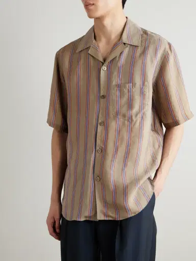 Saint Laurent Camp-Collar Logo-Embroidered Striped Twill Shirt - Men | Thumbnail 3 Saint Laurent Camp-Collar Logo-Embroidered Striped Twill Shirt - Men | Thumbnail 3