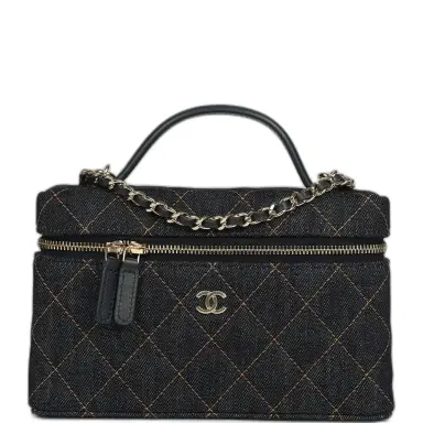 Chanel Chanel Top Handle Long Vanity Case with Chain Dark Blue Denim Light Gold Hardware | Thumbnail 1 Chanel Chanel Top Handle Long Vanity Case with Chain Dark Blue Denim Light Gold Hardware | Thumbnail 1