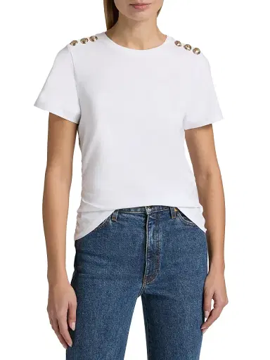 Cinq à Sept Women's Jasper Button-Shoulder Stretch-Cotton T-Shirt - White | Thumbnail 3 Cinq à Sept Women's Jasper Button-Shoulder Stretch-Cotton T-Shirt - White | Thumbnail 3