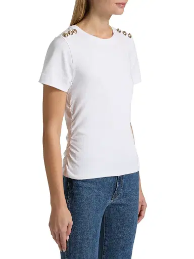 Cinq à Sept Women's Jasper Button-Shoulder Stretch-Cotton T-Shirt - White | Thumbnail 4 Cinq à Sept Women's Jasper Button-Shoulder Stretch-Cotton T-Shirt - White | Thumbnail 4