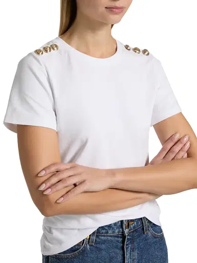Cinq à Sept Women's Jasper Button-Shoulder Stretch-Cotton T-Shirt - White | Thumbnail 6 Cinq à Sept Women's Jasper Button-Shoulder Stretch-Cotton T-Shirt - White | Thumbnail 6