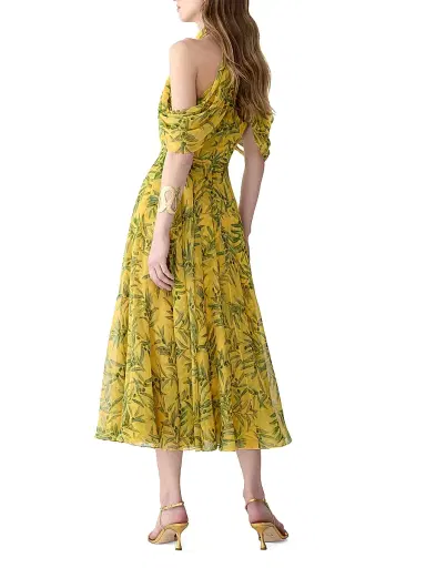 Carolina Herrera Women's Draped Printed Silk Cold-Shoulder Cocktail Dress - Daffodil Multi | Thumbnail 3 Carolina Herrera Women's Draped Printed Silk Cold-Shoulder Cocktail Dress - Daffodil Multi | Thumbnail 3