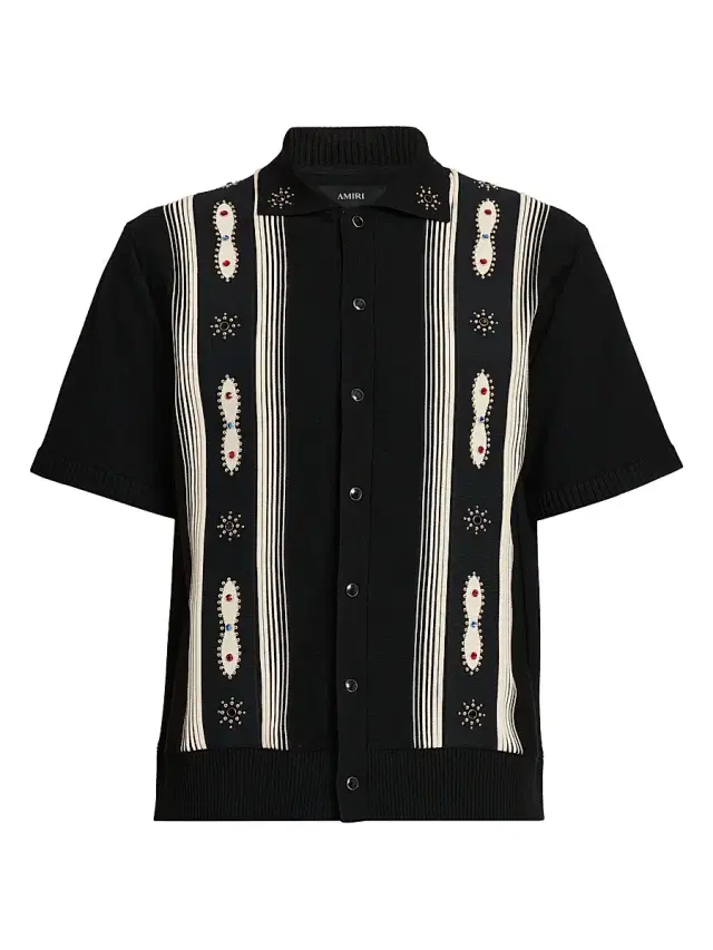 Men's Embellished Striped Virgin Wool-Blend Shirt - Black Men's Embellished Striped Virgin Wool-Blend Shirt - Black