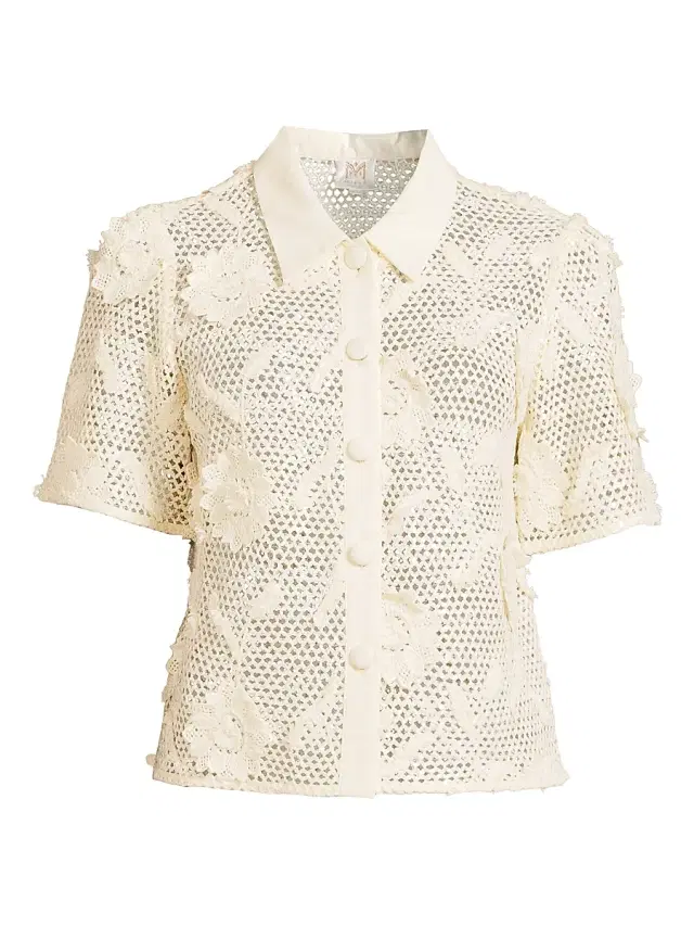 Women's Sequined Crochet Cotton Short-Sleeve Top - White Women's Sequined Crochet Cotton Short-Sleeve Top - White
