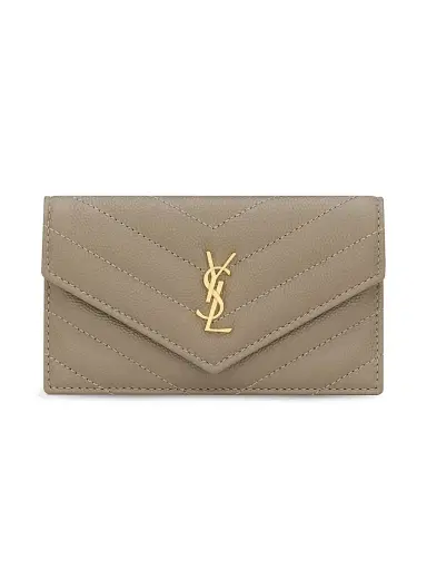 Saint Laurent Women's Cassandre Fragments Flap Card Case in Grain De Poudre Leather - Light Taupe | Thumbnail 1 Saint Laurent Women's Cassandre Fragments Flap Card Case in Grain De Poudre Leather - Light Taupe | Thumbnail 1