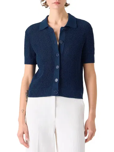 Akris punto Women's Linen/Cotton Open-Knit Short-Sleeve Cardigan - Dark Blue | Thumbnail 3 Akris punto Women's Linen/Cotton Open-Knit Short-Sleeve Cardigan - Dark Blue | Thumbnail 3
