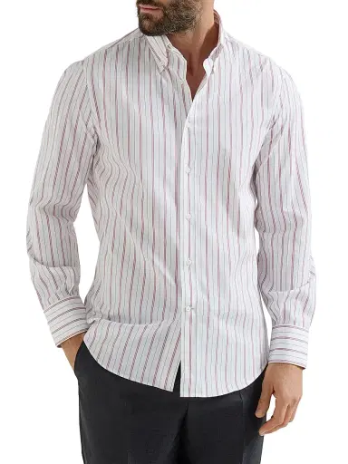 Brunello Cucinelli Men's Multistripe Poplin Basic Fit Shirt with Button Down Collar - White | Thumbnail 2 Brunello Cucinelli Men's Multistripe Poplin Basic Fit Shirt with Button Down Collar - White | Thumbnail 2