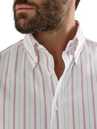 Brunello Cucinelli Men's Multistripe Poplin Basic Fit Shirt with Button Down Collar - White | Thumbnail 4 Brunello Cucinelli Men's Multistripe Poplin Basic Fit Shirt with Button Down Collar - White | Thumbnail 4