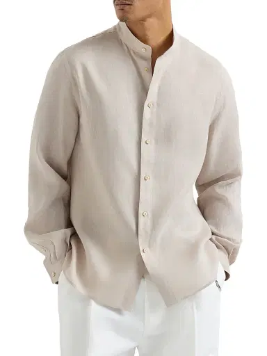 Brunello Cucinelli Men's Linen Easy Fit Shirt with Mandarin Collar - Yuta | Thumbnail 2 Brunello Cucinelli Men's Linen Easy Fit Shirt with Mandarin Collar - Yuta | Thumbnail 2