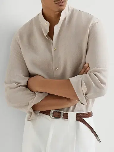 Brunello Cucinelli Men's Linen Easy Fit Shirt with Mandarin Collar - Yuta | Thumbnail 5 Brunello Cucinelli Men's Linen Easy Fit Shirt with Mandarin Collar - Yuta | Thumbnail 5