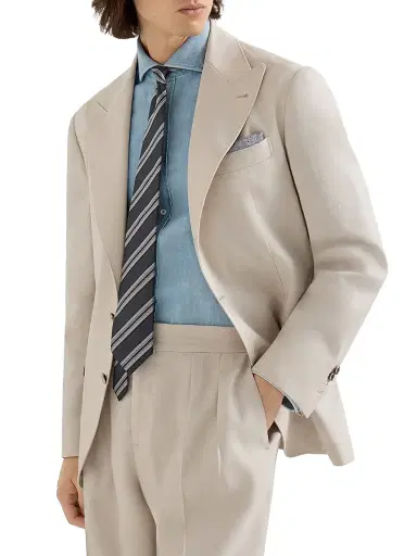 Brunello Cucinelli Men's Gabardine Deconstructed Blazer with Peak Lapels and Metal Buttons - Buff | Thumbnail 5 Brunello Cucinelli Men's Gabardine Deconstructed Blazer with Peak Lapels and Metal Buttons - Buff | Thumbnail 5