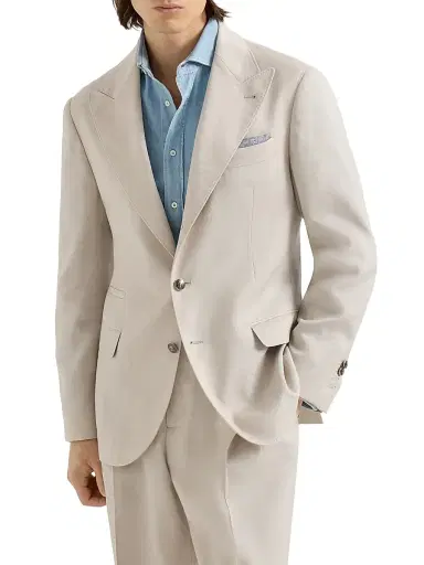 Brunello Cucinelli Men's Gabardine Deconstructed Blazer with Peak Lapels and Metal Buttons - Buff | Thumbnail 1 Brunello Cucinelli Men's Gabardine Deconstructed Blazer with Peak Lapels and Metal Buttons - Buff | Thumbnail 1