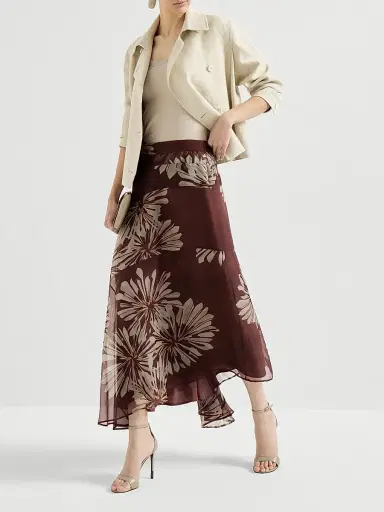 Brunello Cucinelli Women's Bloom Print Silk Organza Fluid Skirt - Bordeaux | Thumbnail 6 Brunello Cucinelli Women's Bloom Print Silk Organza Fluid Skirt - Bordeaux | Thumbnail 6