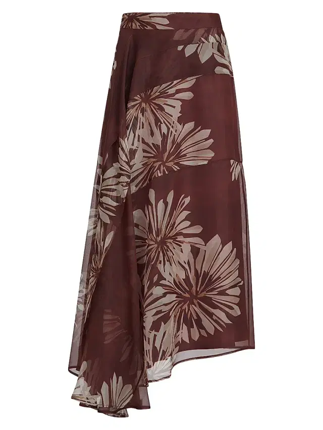 Women's Bloom Print Silk Organza Fluid Skirt - Bordeaux Women's Bloom Print Silk Organza Fluid Skirt - Bordeaux