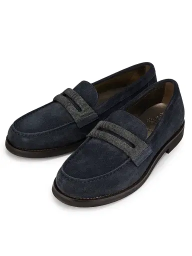 Brunello Cucinelli Women's Monili-Detail Suede Loafers - Navy | Thumbnail 2 Brunello Cucinelli Women's Monili-Detail Suede Loafers - Navy | Thumbnail 2
