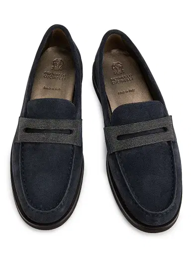 Brunello Cucinelli Women's Monili-Detail Suede Loafers - Navy | Thumbnail 4 Brunello Cucinelli Women's Monili-Detail Suede Loafers - Navy | Thumbnail 4