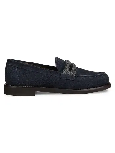Brunello Cucinelli Women's Monili-Detail Suede Loafers - Navy | Thumbnail 1 Brunello Cucinelli Women's Monili-Detail Suede Loafers - Navy | Thumbnail 1