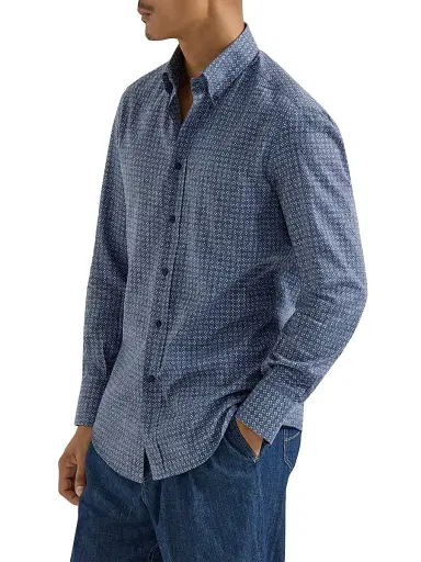 Brunello Cucinelli Men's Flower Print Twill Basic Fit Shirt with Button Down Collar - Denim - Size XXXL | Thumbnail 2 Brunello Cucinelli Men's Flower Print Twill Basic Fit Shirt with Button Down Collar - Denim - Size XXXL | Thumbnail 2