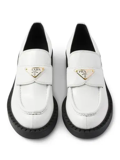 Prada Women's Chocolate Patent Leather Loafers - White | Thumbnail 2 Prada Women's Chocolate Patent Leather Loafers - White | Thumbnail 2