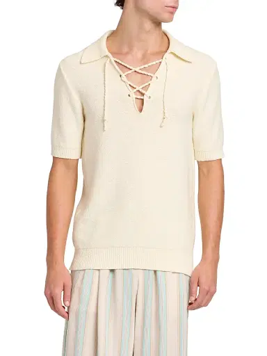 Dolce & Gabbana Men's Lace-Up Cotton-Blend Short-Sleeve Shirt - Beige | Thumbnail 3 Dolce & Gabbana Men's Lace-Up Cotton-Blend Short-Sleeve Shirt - Beige | Thumbnail 3