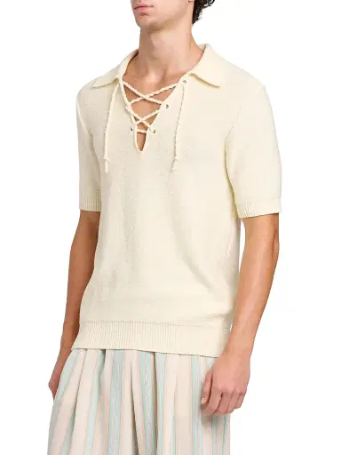 Dolce & Gabbana Men's Lace-Up Cotton-Blend Short-Sleeve Shirt - Beige | Thumbnail 4 Dolce & Gabbana Men's Lace-Up Cotton-Blend Short-Sleeve Shirt - Beige | Thumbnail 4