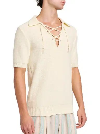Dolce & Gabbana Men's Lace-Up Cotton-Blend Short-Sleeve Shirt - Beige | Thumbnail 6 Dolce & Gabbana Men's Lace-Up Cotton-Blend Short-Sleeve Shirt - Beige | Thumbnail 6