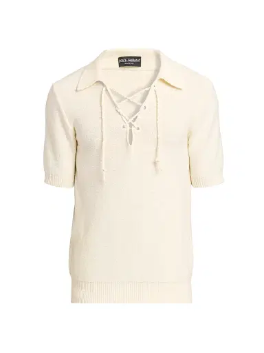 Dolce & Gabbana Men's Lace-Up Cotton-Blend Short-Sleeve Shirt - Beige | Thumbnail 1 Dolce & Gabbana Men's Lace-Up Cotton-Blend Short-Sleeve Shirt - Beige | Thumbnail 1