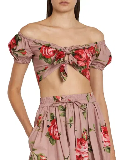 Dolce & Gabbana Women's Floral Off-The-Shoulder Cotton Crop Top - Bouquet Rose F Rosa - Size 14 | Thumbnail 3 Dolce & Gabbana Women's Floral Off-The-Shoulder Cotton Crop Top - Bouquet Rose F Rosa - Size 14 | Thumbnail 3